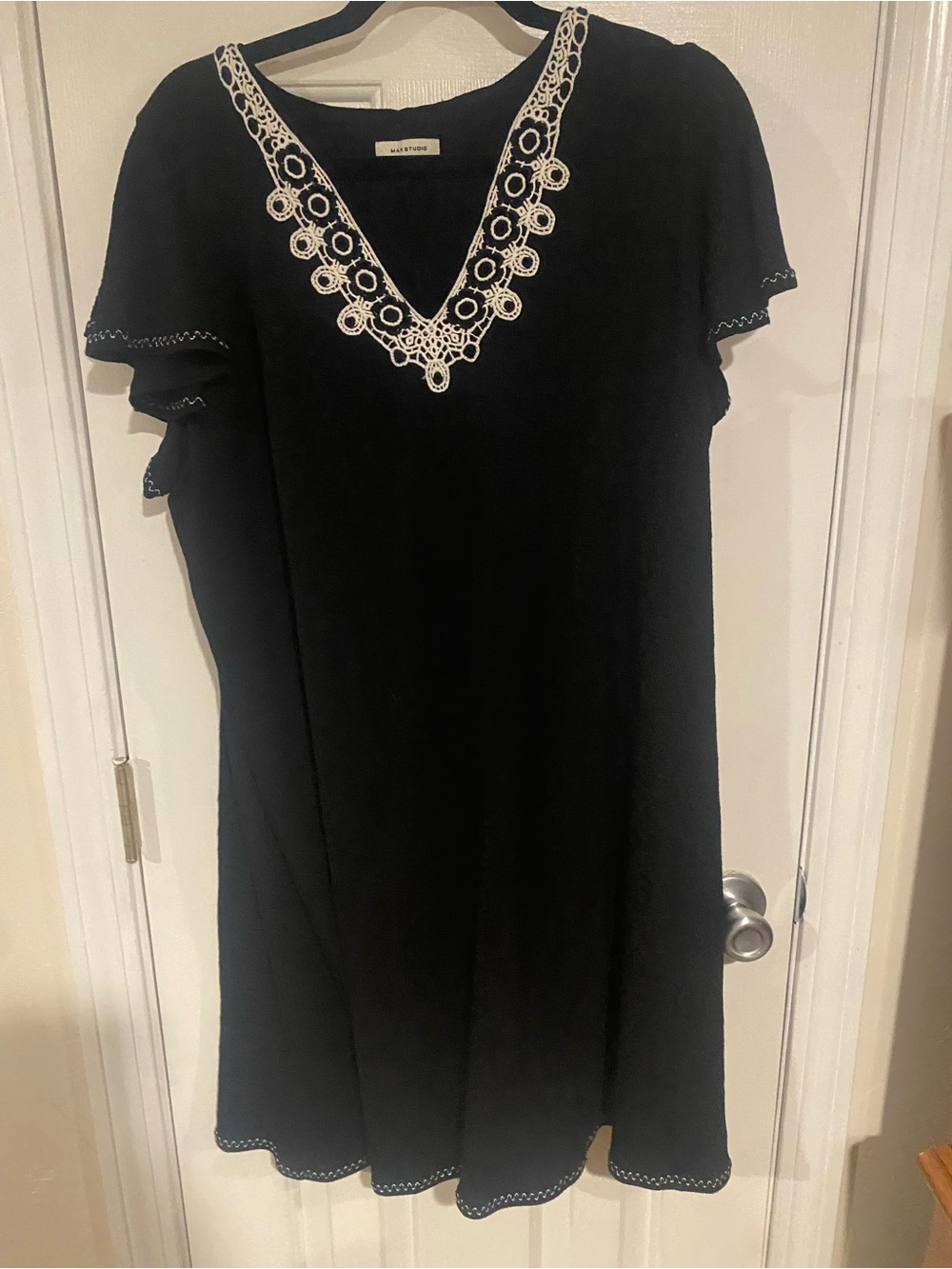 Max Studio Black Midi Dress with Ivory Crochet V-Neck